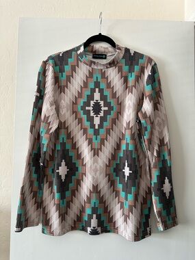 Sterling Kreek Long Sleeve Aztec Print Top - Teal & Taupe